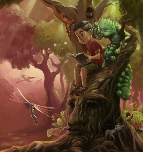 Children's Book Illustration of Boy Reading a Book