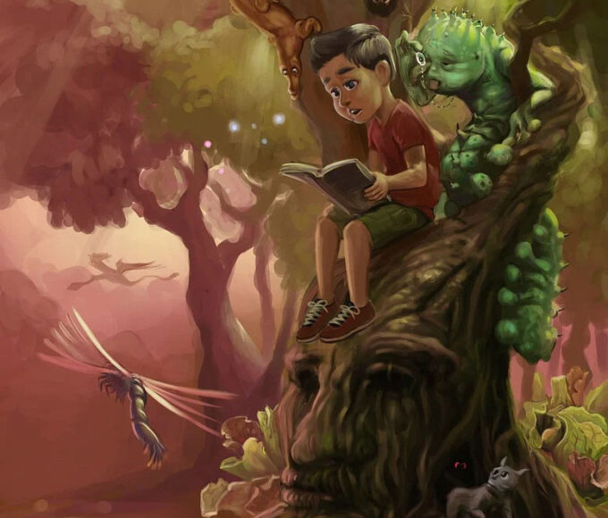 Children's Book Illustration of Boy Reading a Book